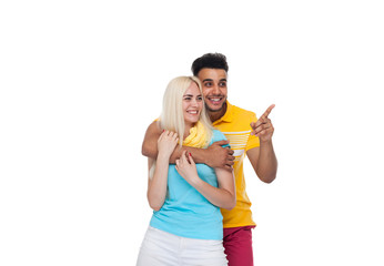 Sticker - Beautiful Young Happy Couple Love Smiling Embracing, Hispanic Man Woman Point Finger To Empty Copy Space Isolated Over White Background