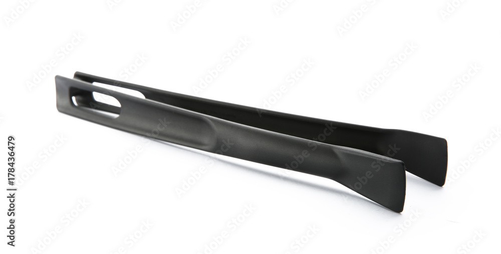 Plastic food tongs on white background