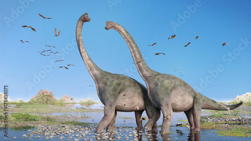 Dekoracja na wymiar  para-brachiosaurus-altithorax-i-stado-pterozaurow-w-malowniczej-poznej-jurze