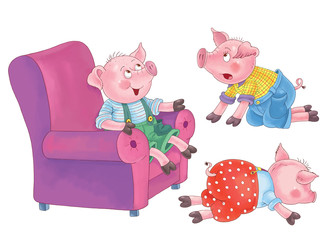 Wall Mural - Three little cute pigs. Fairy tale. Coloring book. Coloring page. Illustration for children. Funny cartoon characters isolated on white background