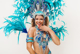 Beautiful cheerful samba dancer portrait wearing blue traditional costume
