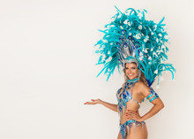 Beautiful Brazilian Samba Dancer Smiling And Showing Something - Copy Space