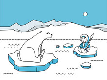 Cartoon Polar Animals And People. Cartoon Character Eskimo, Polar Bear And Penguin Vector Illustration