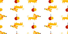 Seamless New Year Pattern With Yellow Dogs Symbol Of Year 2018 On A White Background. Vector Illustration