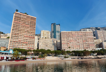 Wall Mural - Panoramic view of the beach in Monte Carlo, Monaco. Principality of Monaco is a sovereign city state, located on the French Riviera