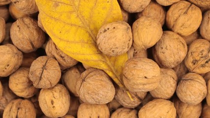 Wall Mural - Rotation of walnuts in shell and leaf. Food and health.