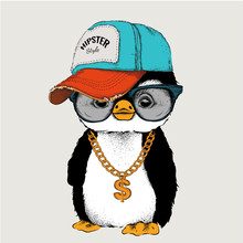 The Poster With The Image Penguin Portrait In Hip-hop Hat. Vector Illustration.