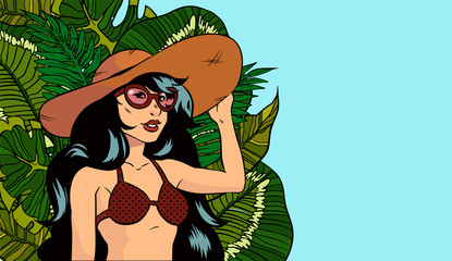 A girl on the beach pop art. Beautiful women in bikini. Sexy girl resting under tropical leaves,  illustration in comic style