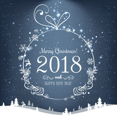 Wall Mural - Shiny Christmas ball for Merry Christmas 2018 and New Year on blue background with light, stars, snowflakes. Holiday card. Vector eps illustration