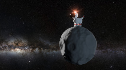 Wall Mural - cute cartoon astronaut dog in white space suit standing on an asteroid in front of the milky way gal