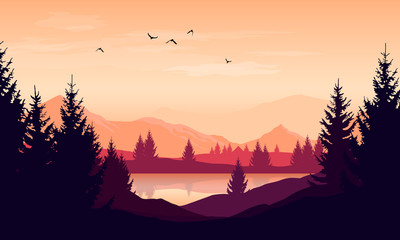 Wall Mural - vector cartoon sunset landscape with orange sky, silhouettes of mountains, hills and trees and lake