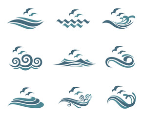 collection of ocean logo with waves and seagulls