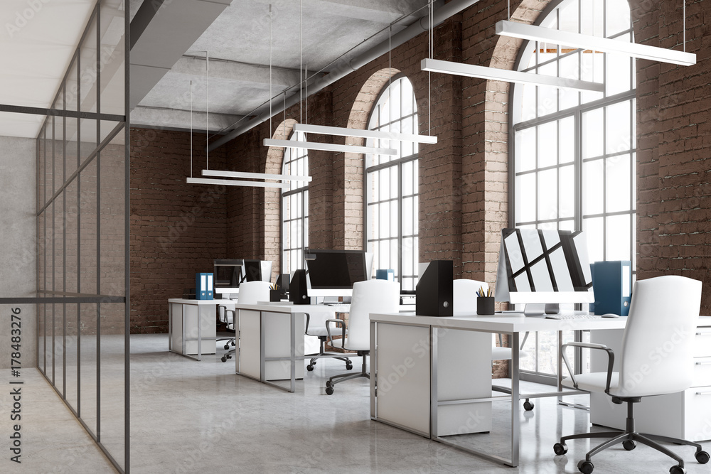 Window Computer With Brick Brick office, arch windows, computers side Stock Photo | Adobe Stock