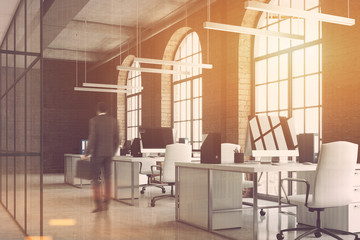 Wall Mural - Brick office, arch windows, computers side, man