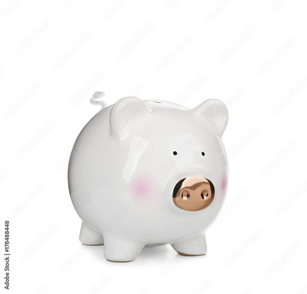 Cute piggy bank on white background