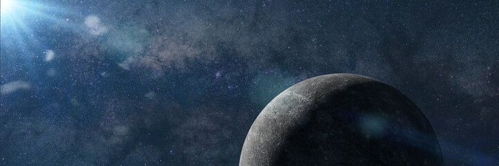 Wall Mural - the planet mercury lit by the sun and in front of the milky way galaxy