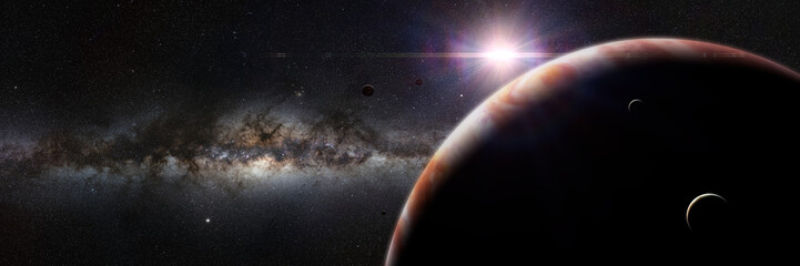 Wall Mural - planet jupiter lit by the rising the sun, with milky way background