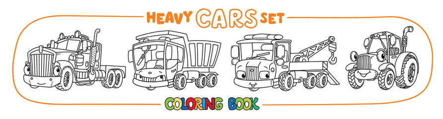 Funny heavy cars with eyes. Coloring book set