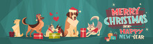 Merry Christmas And Happy New Year Horizontal Banner With Dogs Wearing Santa Hats Winter Holidays Greeting Card Flat Vector Illustration