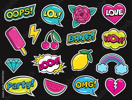 Modern Colorful Patch Set On Black Background Fashion Patches Of