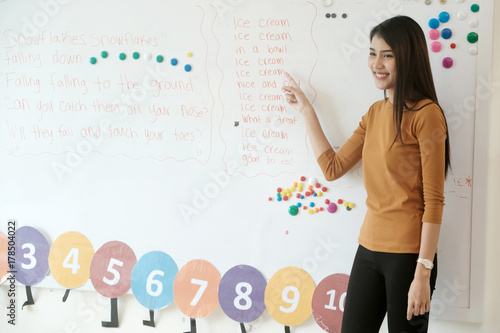 Cuadros en Lienzo Young asian woman teacher teaching english kids in kindergarten classroom, presc