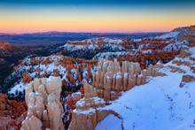 Fabulous Snowy View At Sunset Of Bryce Canyon National Park In Utah.