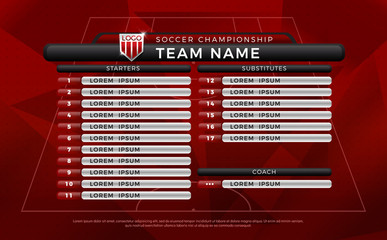 Broadcast graphic for football starting and substitutes, reserves separate text layer, football substitutes broadcast graphic for soccer starting lineup squad red color