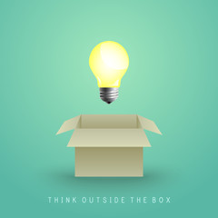 Wall Mural - think outside the box concept with realistic lightbulb and cardboard box