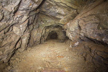 Underground abandoned ore mine shaft tunnel gallery