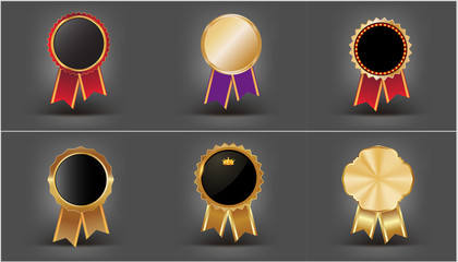 set of award rosette and gold heraldic medal and insignia .design elements labels, seal, banner, bad