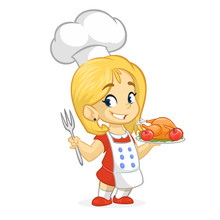 Cartoon Cute Little Blond Girl In Apron And Chef's Hat Serving Roasted Thanksgiving Turkey Dish Holding A Tray And Fork. Vector Illustration Isolated. Thanksgiving Design