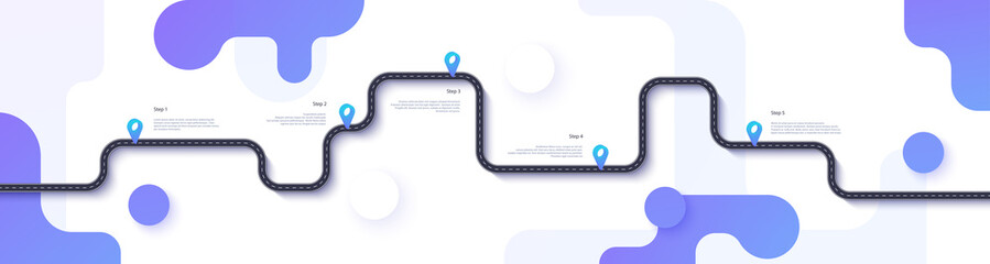 road map and journey route infographics template. winding road timeline illustration. flat vector il