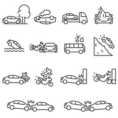 Wall Mural - road accident icon set. accidents involving a passenger car, motorcycle and bus, linear design. line
