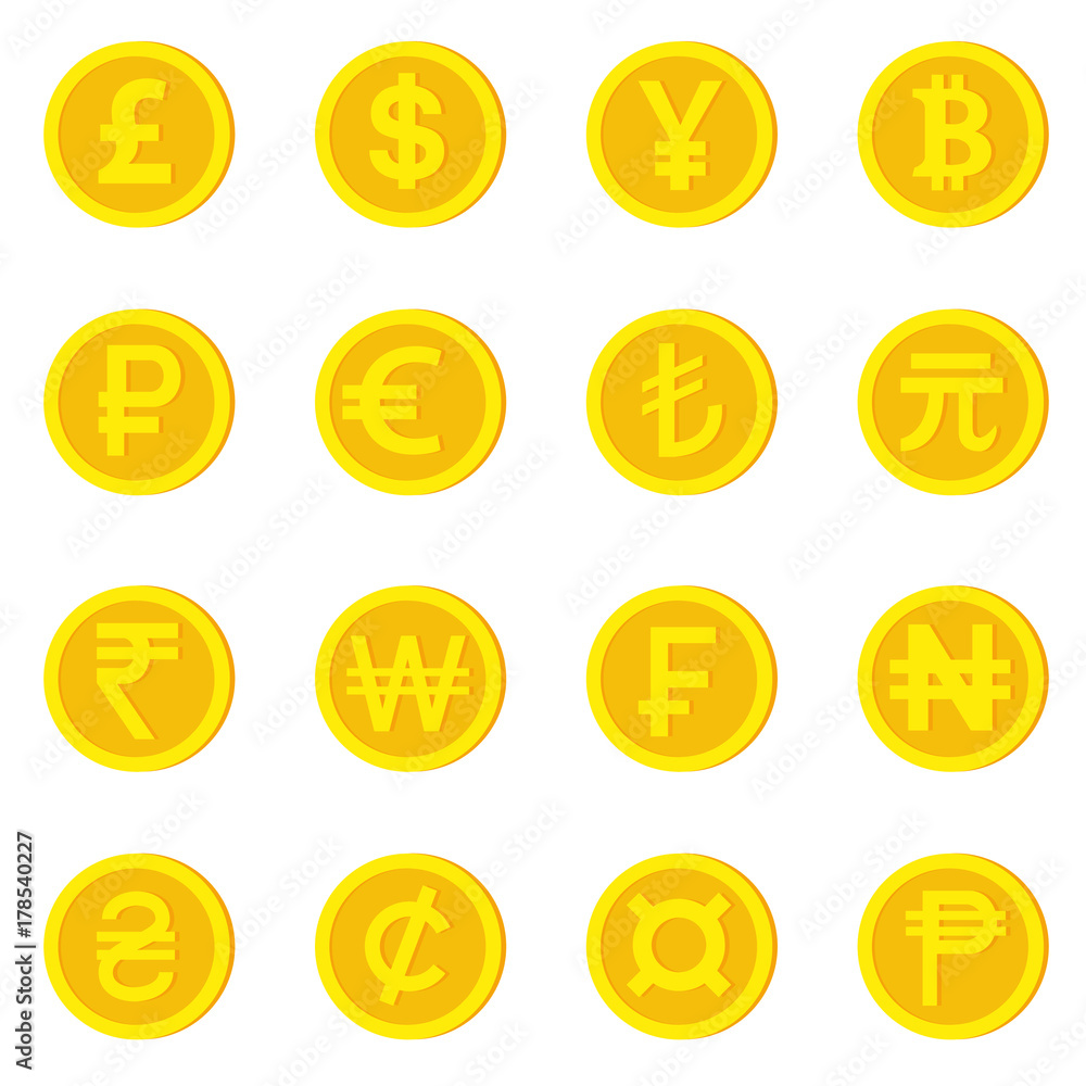 Image vectorielle Stock World currency icons. Money and currency symbol.  pound, dollar, yuan, bitcoin, ruble, euro, lira, yuan renminbi, indian  rupee, korean won, swiss franc, naira, hryvnia, cilon, currency sign, pesos  |