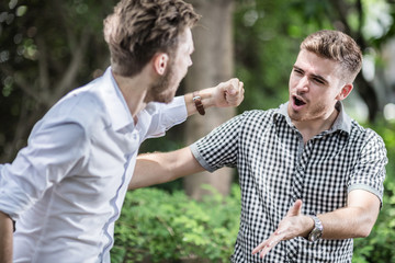 businessman fight and punch in garden business competition concept