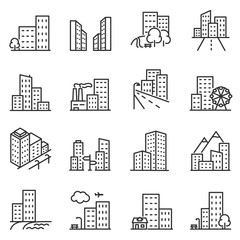 Wall Mural - Cities and city buildings, a set of icons in a linear design. Urban cityscape, office and apartment buildings. lines with editable stroke.
