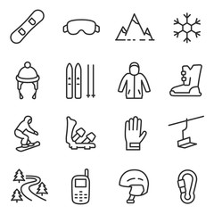 Wall Mural - snowboarding and skiing icon set. linear icons on the theme of ride a snowboard and skiing. accessor