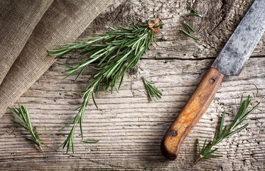 Wall Mural - Branches of fresh rosemary, vintage wooden background, selective focus