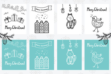 Poster - Premade handdrawn set of Christmas and New Year cards with winter holiday symbols and  characters