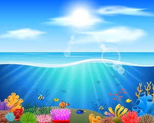 Wall Mural - Cartoon underwater world with fish, plants. Vector illustration