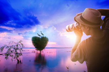 Abstract landscape, two egrets stand over heart shape tree with hipster photographer in foreground.