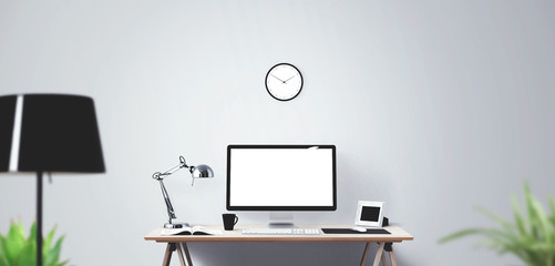 Wall Mural - computer display and office tools on desk. desktop computer screen isolated. modern creative workspa