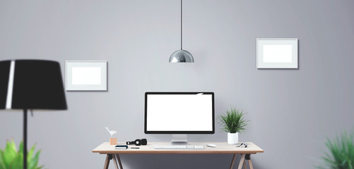 Wall Mural - computer display and office tools on desk. desktop computer screen isolated. modern creative workspa