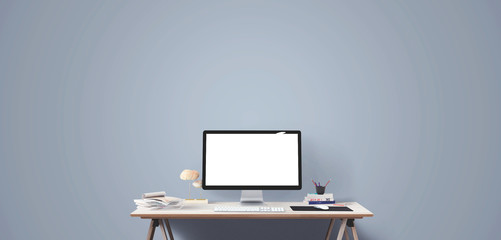 Wall Mural - computer display and office tools on desk. desktop computer screen isolated. modern creative workspa