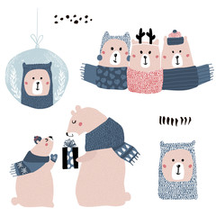 Wall Mural - Cute cartoon bear winter collection. Christmas adorable clip art with polar bears in hats and scarves isolated. Vector Illustration