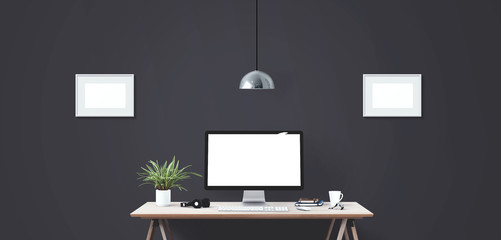 Wall Mural - computer display and office tools on desk. desktop computer screen isolated. front view.
