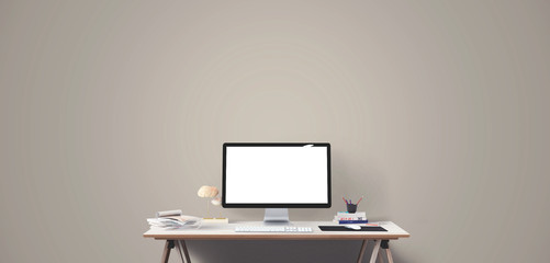 Wall Mural - computer display and office tools on desk. desktop computer screen isolated. front view.