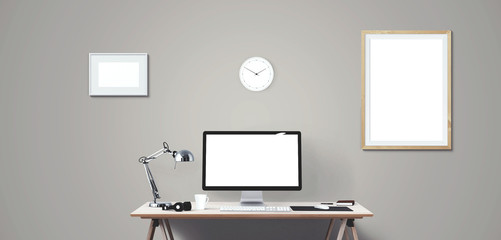 Computer display and office tools on desk. Desktop computer screen isolated.