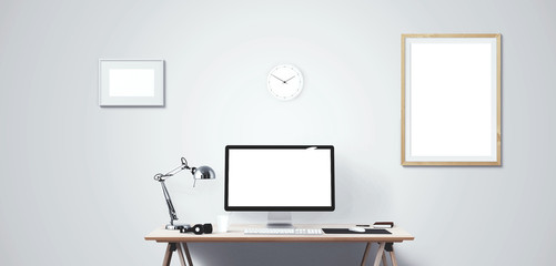 Wall Mural - computer display and office tools on desk. desktop computer screen isolated. modern creative workspa