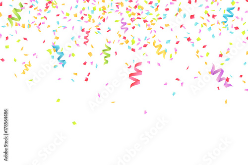 many falling multicolored confetti and ribbons isolated on white background celebratory background on birthday place for your project vector buy this stock vector and explore similar vectors at adobe stock many falling multicolored confetti and